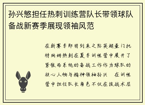 孙兴慜担任热刺训练营队长带领球队备战新赛季展现领袖风范